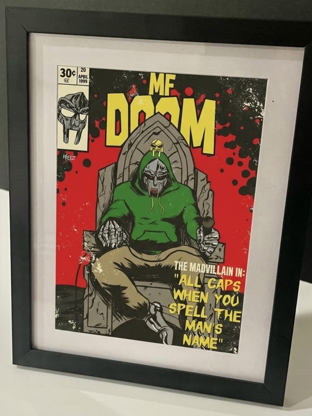 Framed MF DOOM ' Comic-Style Wall Art Print - Green, Red, Yellow